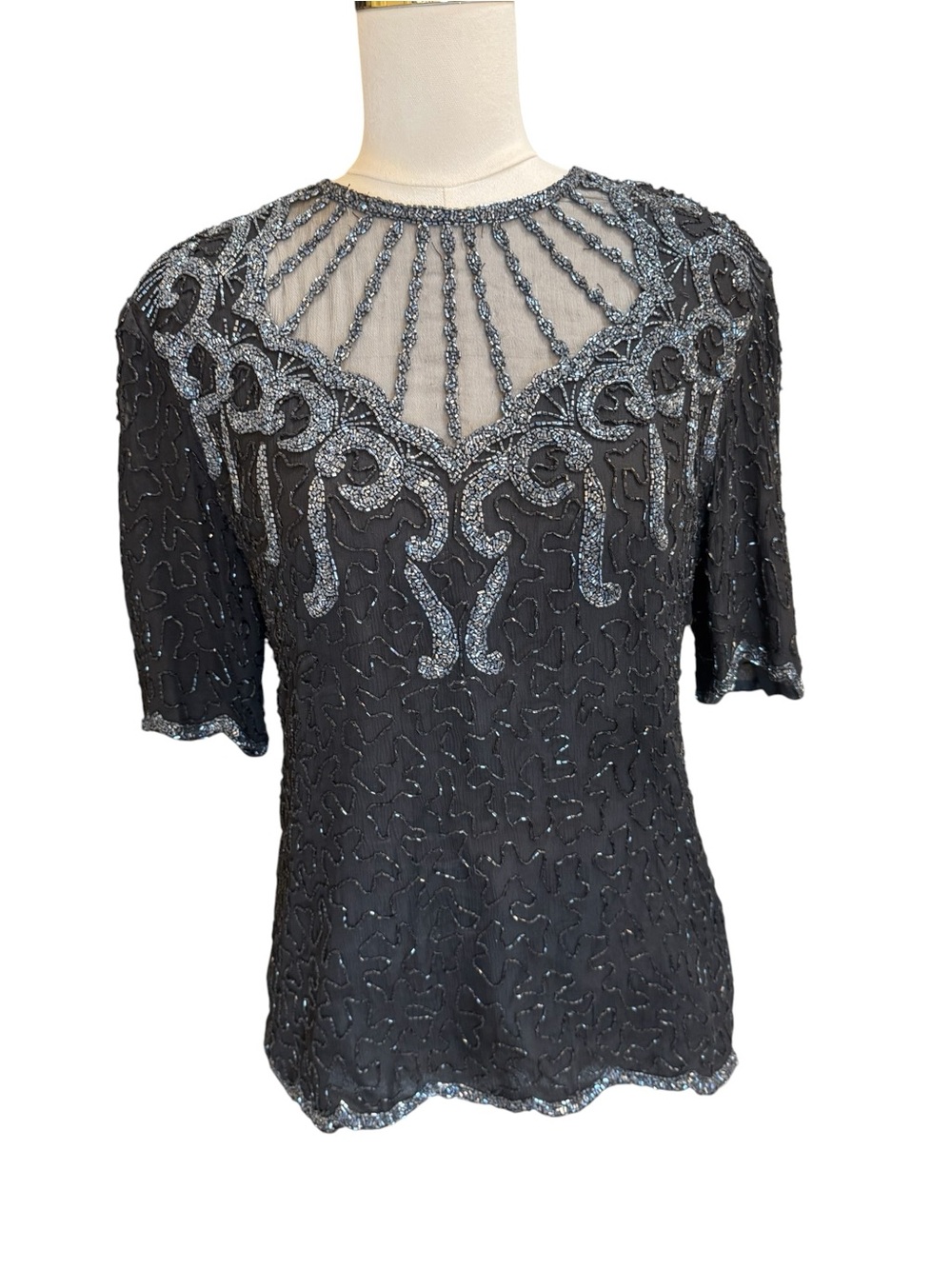 Vintage Brilliante by J.A. Black Silk Beaded Blouse Top Large Art Deco - Picture 3 of 11